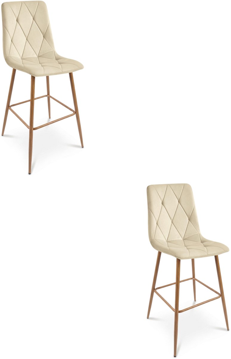 LEOBERT Set van 2 barkrukken LIBRA - Lichtbeige fluweel - Eikenlook metalen poten - Modern design