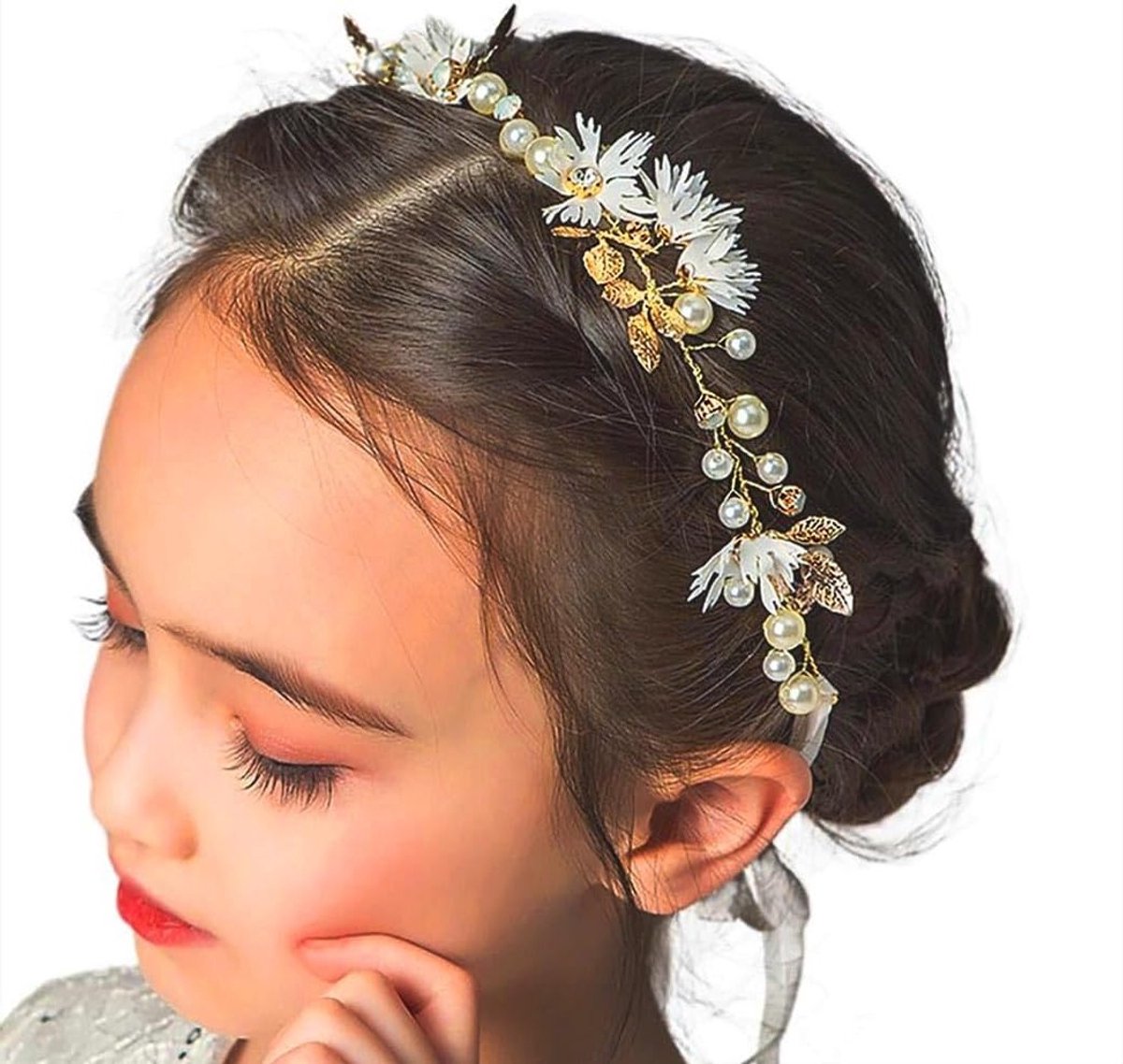 Bloemenmeisje Hoofdband met Gouden Bloem en Parel voor Bruiloft en Communie