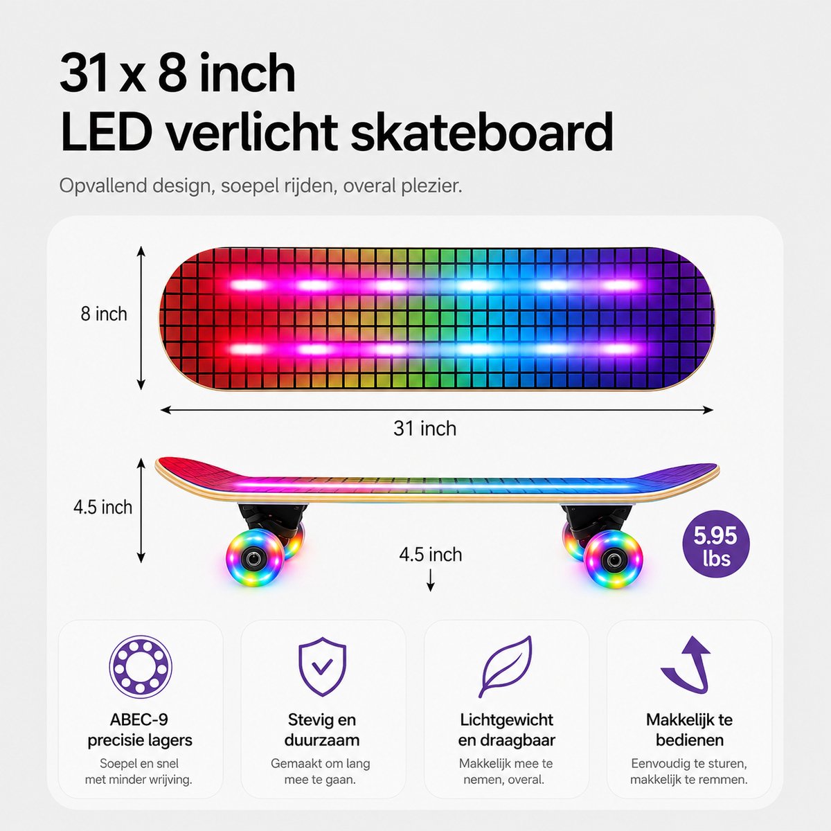 Suotu Skateboard met LED Lichtgevend Dek & Wielen - 80x20cm - ABEC-9 - 95A - Schokabsorptie - Jongens - Meisjes - Volwassenen Skateboards - Gekleurde pijlen — afbeelding 10