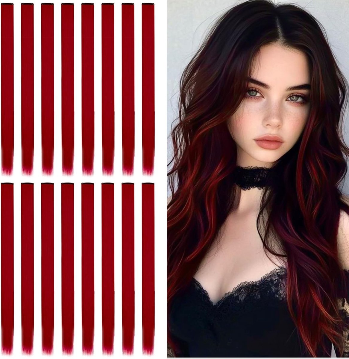 Clip-In Haarextensions Rood - 16 Stuks 22'' Synthetisch Steil Haar voor Vrouwen en Meisjes, Volumineus en Gemakkelijk te Dragen