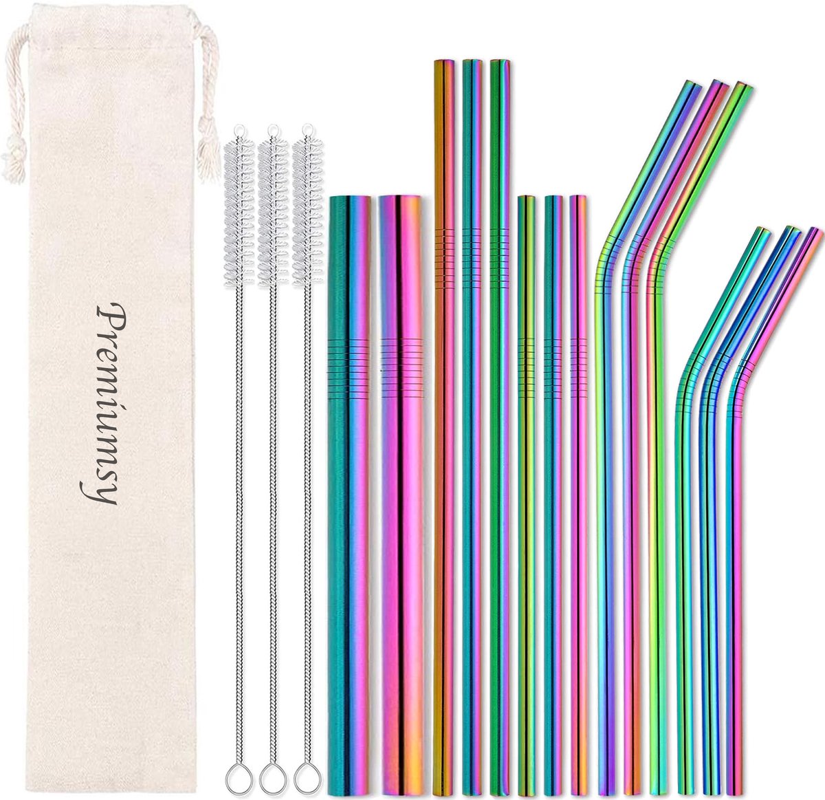 EcoFriendly’s 14x Herbruikbare Metalen Rietjes - Verschillende Maten - Duurzame Rietjes Herbruikbaar - RVS Rietjes - Ijzeren Rietjes - Geschikt voor Smoothies en Cocktails - Regenboog