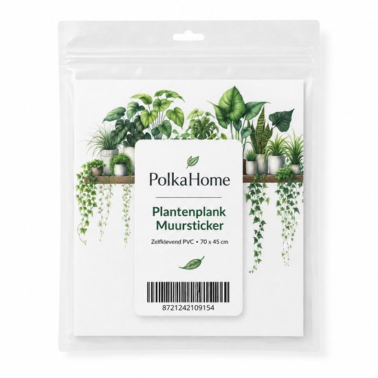 Emballage du sticker mural PolkaHome Étagère à Plantes, 70 x 45 cm, avec une image de plantes vertes.