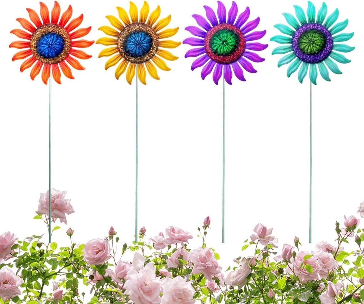 Bloemen Tuinstaken - Metalen Decoratie - Tuin Opfleuren - Roestbestendig Ontwerp - 4 Stuks - Kleurrijk