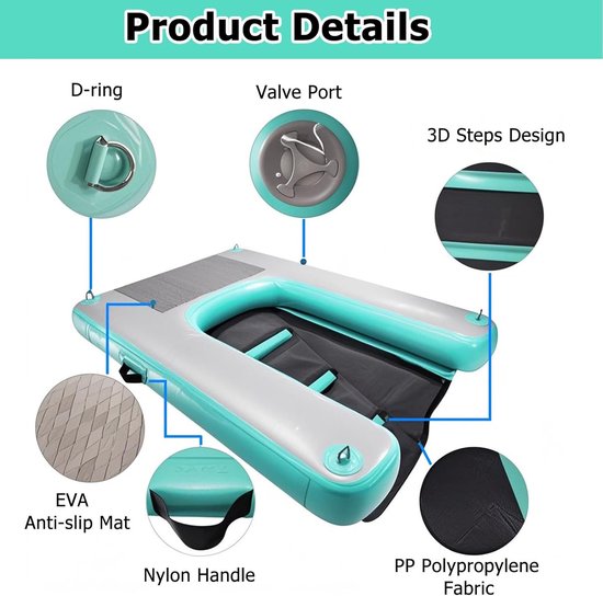 Gedetailleerde weergave van de hondentrap: D-ring, ventiel, 3D-stappen, anti-slipmat, handvat, PP-stof.