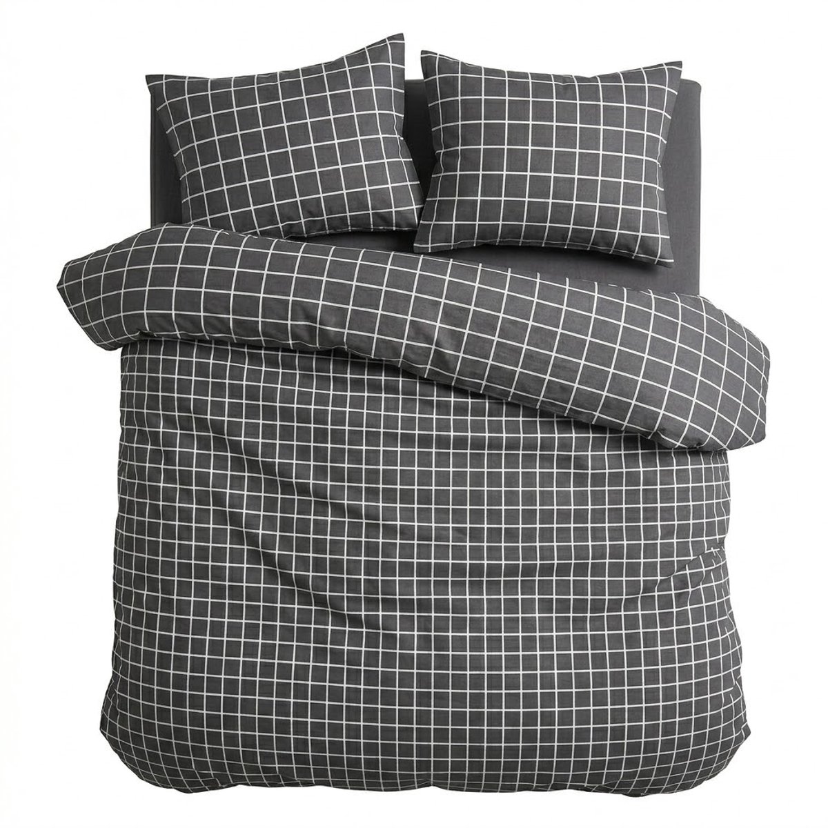 HappyNest - Dekbedovertrek - 2 persoons - 200x200 cm + met 2 Kussenslopen - 60*70 cm - Donkergrijs met Witte Ruitjes