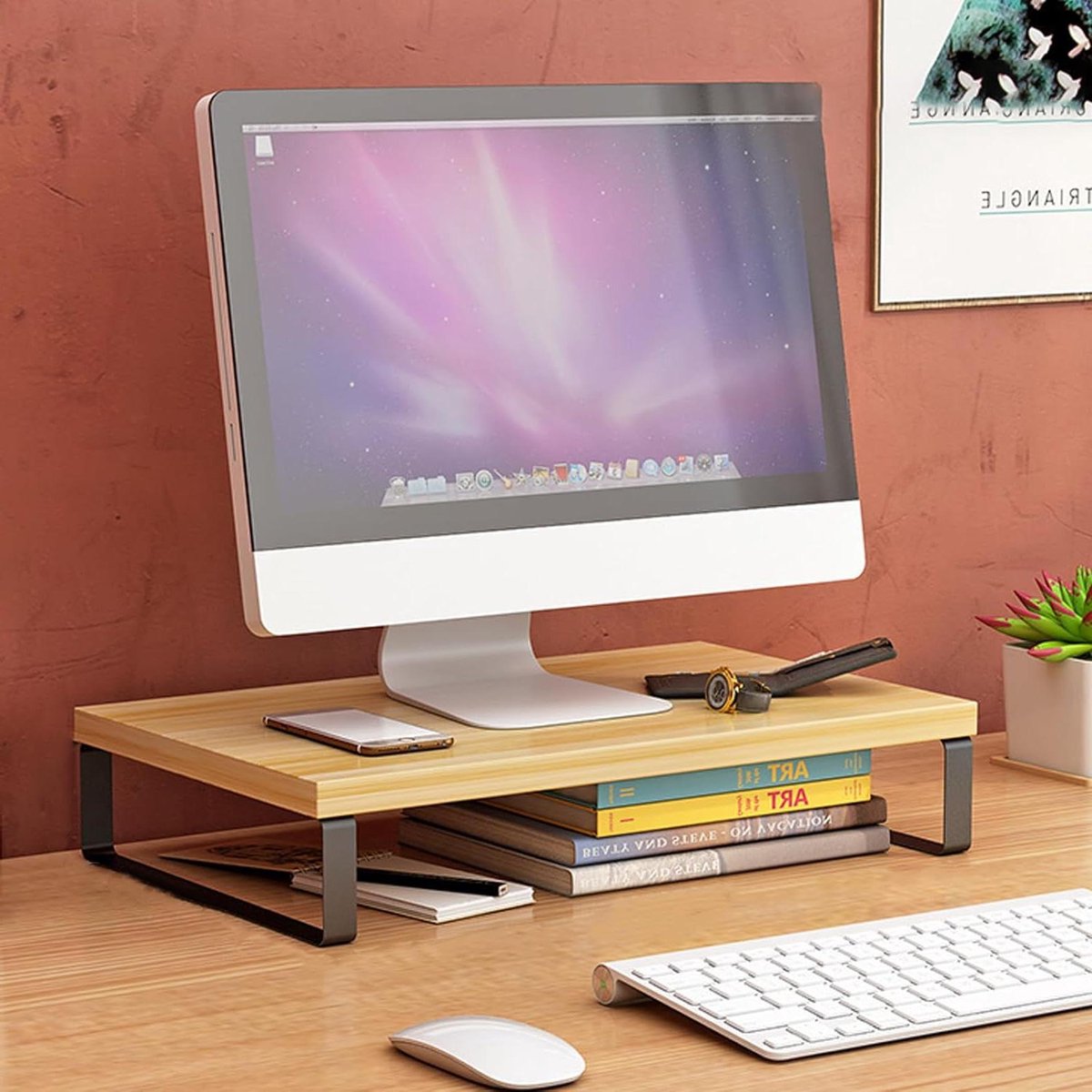 Monitor Verhoger - Bureau Organizer - Ergonomisch Werken - Stabiel Hout Frame - 40x20x16.2 cm - Houtkleur
