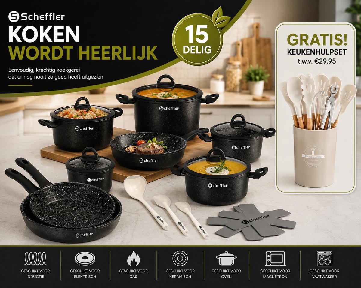 Scheffler-15-delige Anti-aanbak Inductie Pannenset van Aluminium -alle warmtebronnen Pannenset met Deksels +gratis 12 delige keukengerei set- Kookpotten - Koekenpannen braadpannen -complete keuken -Steelpannen - Zwart