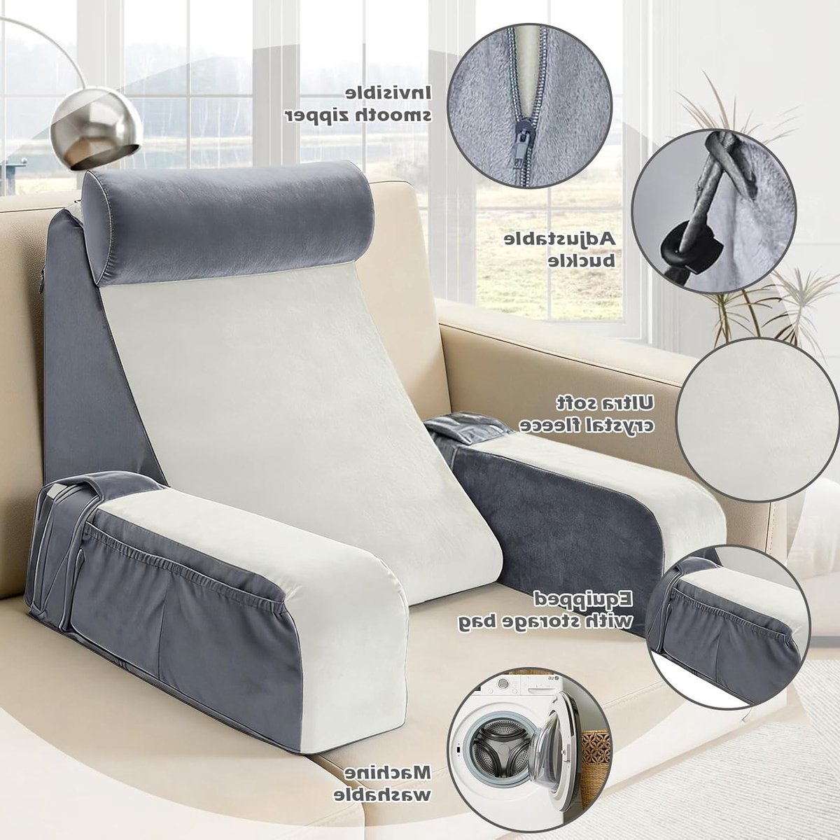 Leeskussen Volwassenen - Rugsteun Bed - Ontspannen Lezen - Afneembare Armleuningen - 42x40x48 cm - Grijs