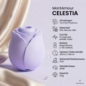 MontAmour Celestia: lila rozenvormige vibrator, met specificaties: afmetingen, materiaal, functie, batterij, oplaadtijd, waterdichtheid, geluidsniveau, gewicht.