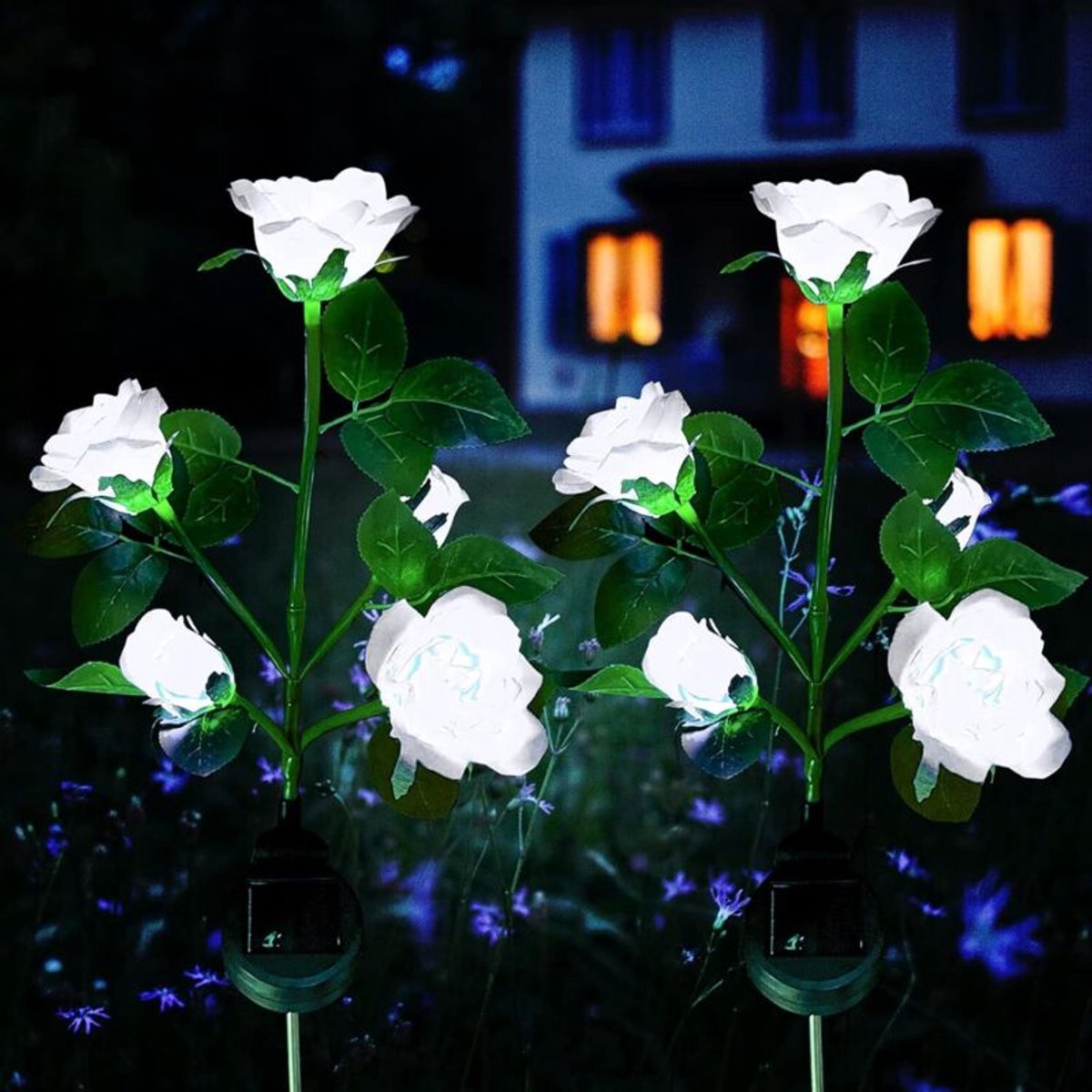 Buitenverlichting op zonne-energie, roosvormige LED-lampen op zonne-energie, grotere bloemen, bredere zonnepanelen, waterdichte tuindecoratie, geschikt voor tuinen, gazons, terrassen en paden (wit, 2 stuks).
