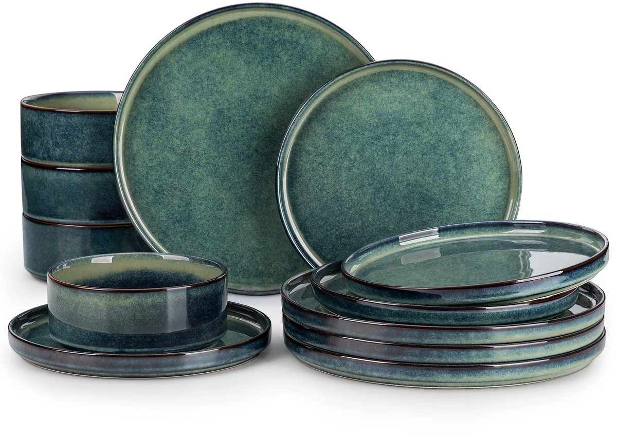 JOYNEXTBUY 24-delige Serviesset – Dinerset voor 4 Personen – Zwart Groen Reactief Glazuur – Inclusief Dinerborden, Dessertborden en Kommen – Modern Keramiek