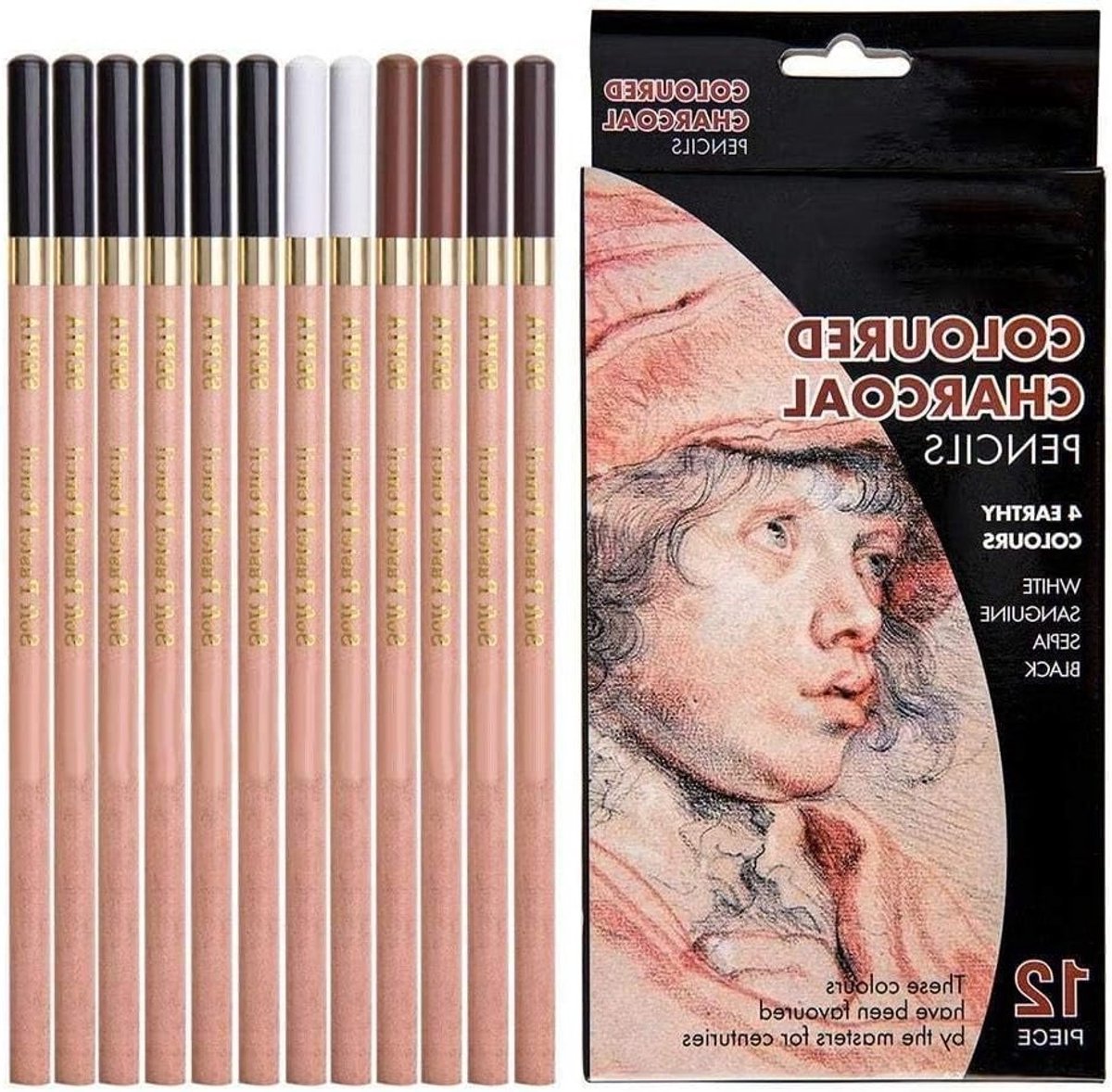 Professionele Tekenpotloden Set van 12 Stuks in 4 Kleuren voor Creatief Schetsen en Houtskooltekeningen