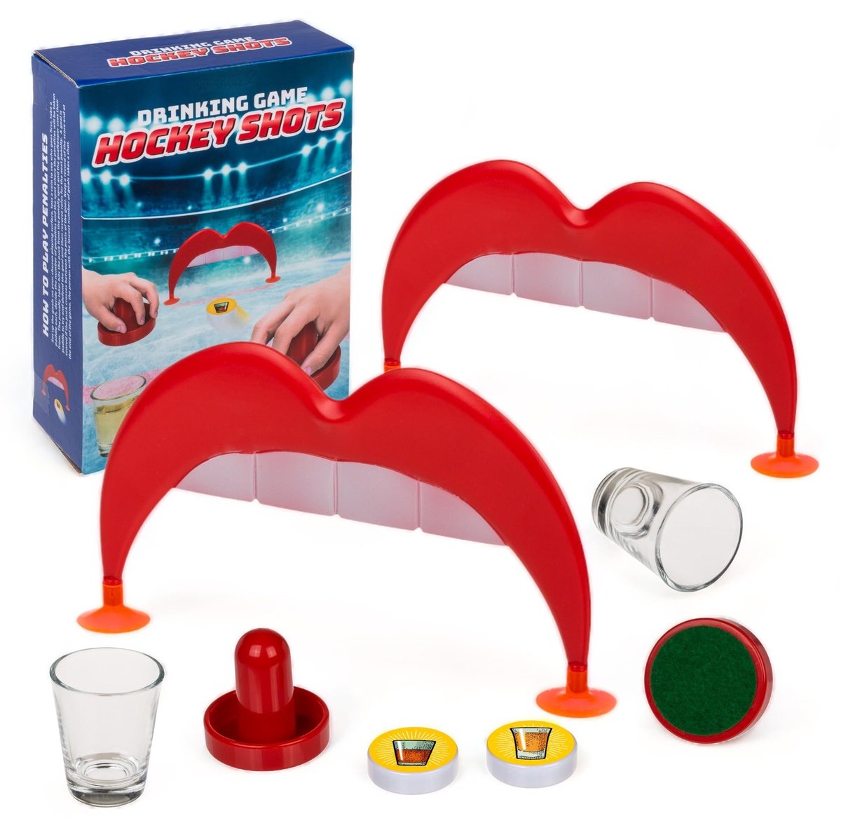 Dailygoods- Drinkspel Hockey Shots - inclusief 2 Doelen - 2 Putter - 2 Ballen - 4 Zuignappen - 2 Shooter-glazen (50 ml) - unieke stickers - Feestspel