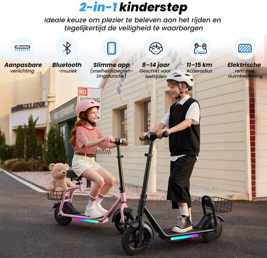 iScooter iK7 Elektrische Step Kinderen - 2‑in‑1 - 8 tot 14 jaar - App - Bluetooth muziek - RGB verlichting - 250W - 10/15/20 km/u - Bereik 15 km - 8,5" Wielen - Zwart