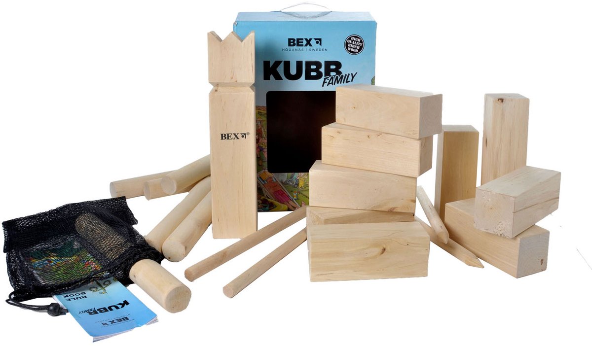 Bex Kubb Family – Zweeds Vikingschaak – Duurzaam Buitenspel – FSC Berkenhout – Koning Met Houtkleurige Kroon – Vanaf 8 Jaar – Inclusief Opbergnet Met Trekkoord — afbeelding 6