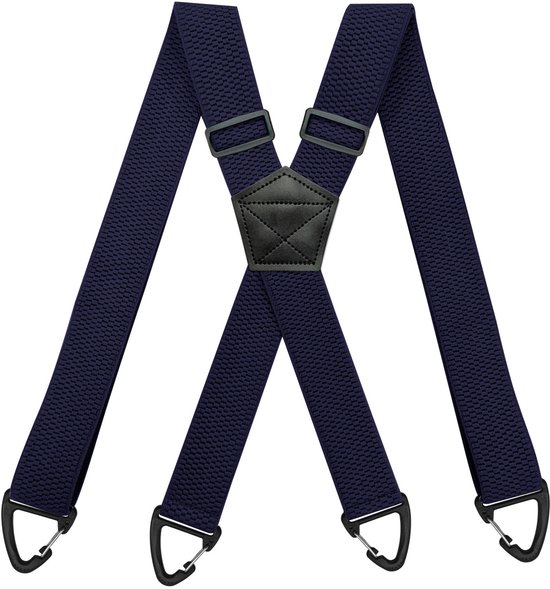 Donkerblauwe bretels met textuur, X-vormig, met zwarte gespen en clips.