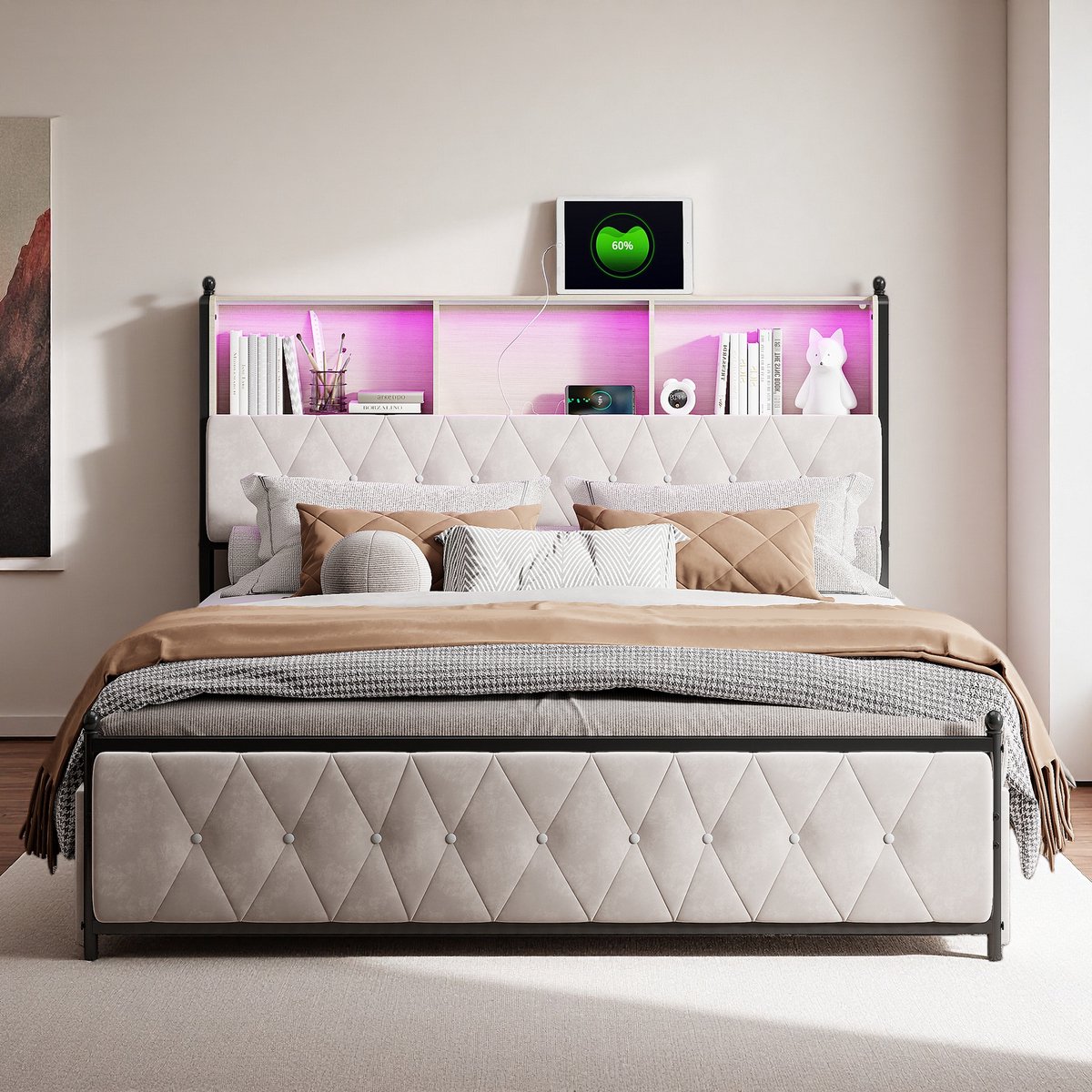 Tweepersoonsbed 160x200 cm met LED-hoofdbord en USB-aansluiting, jeugdbed met lattenbodem en 4 opbergladen, opbergbed, functioneel bed, zonder matras, fluweelbeige