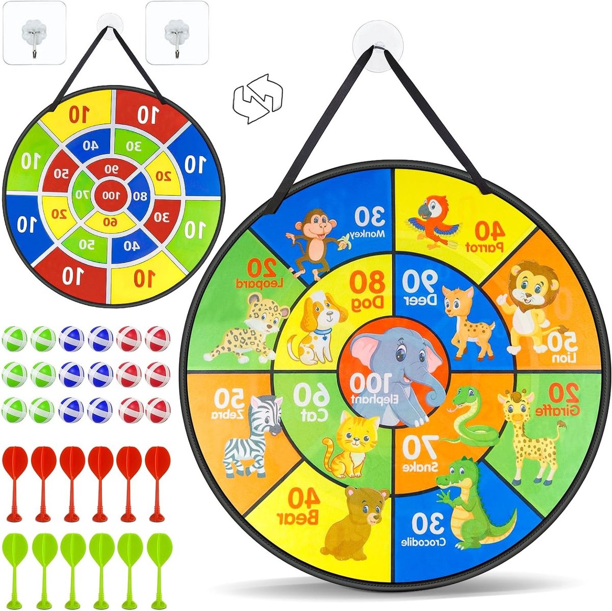 Dubbelzijdig dartspel voor kinderen, 72 cm, met klittenband en 18 plakkende ballen, 12 dartpijlen, leuk werpspel voor alle leeftijden