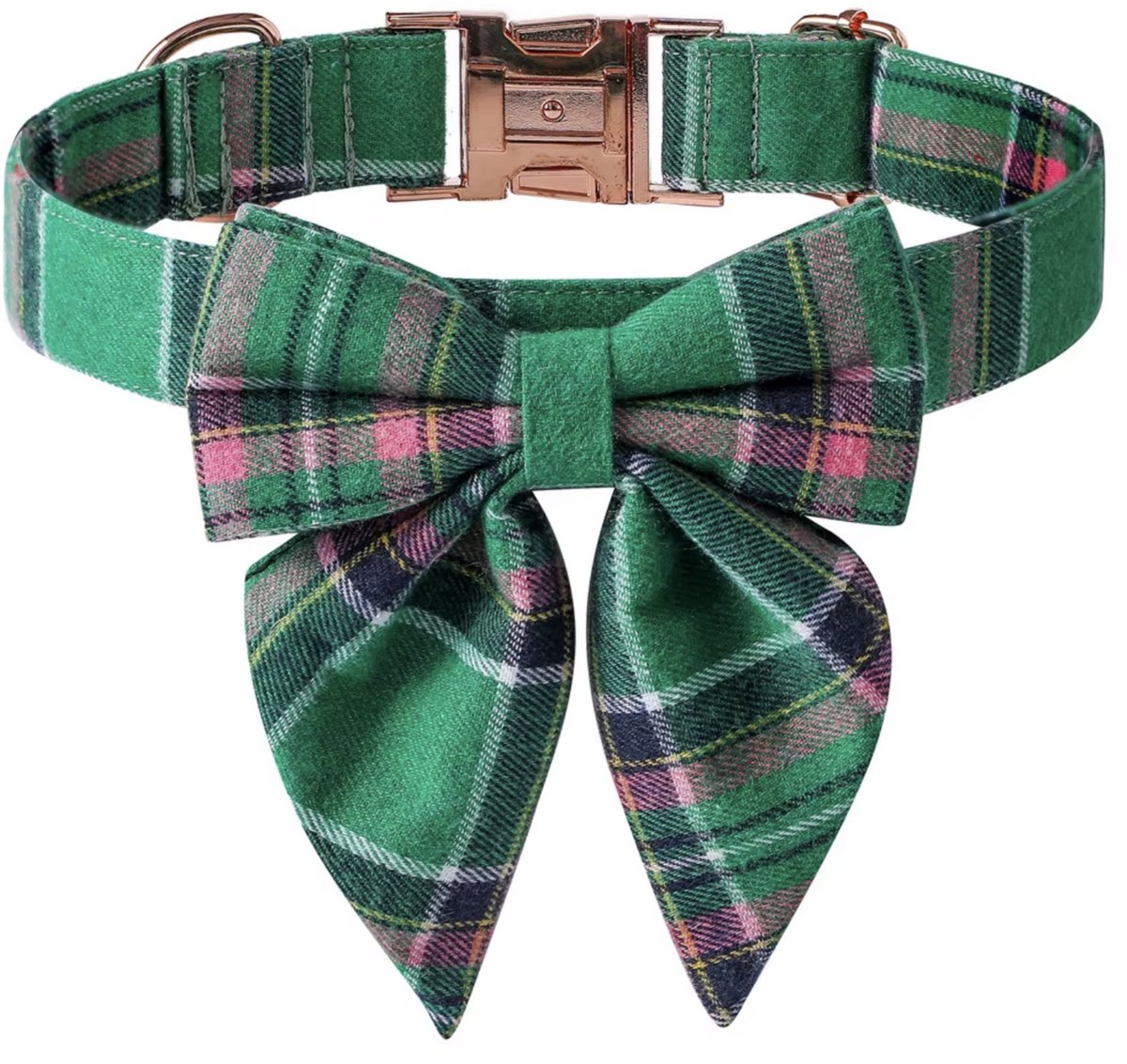 Dogs&Co Luxe Hondenhalsband met Strik - Maat L – Groen Geruit Design & Roségouden Gesp