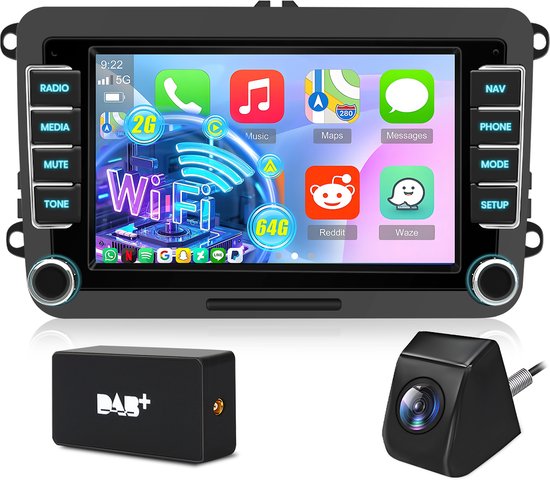 Hexinex Autoradio - geschikt voor VW Golf 5, 6, Polo, Skoda Caddy, T5, Passat - 7-inch Scherm - 2+64GB CARPLAY FM RDS - Achteruitrijcamera DAB+