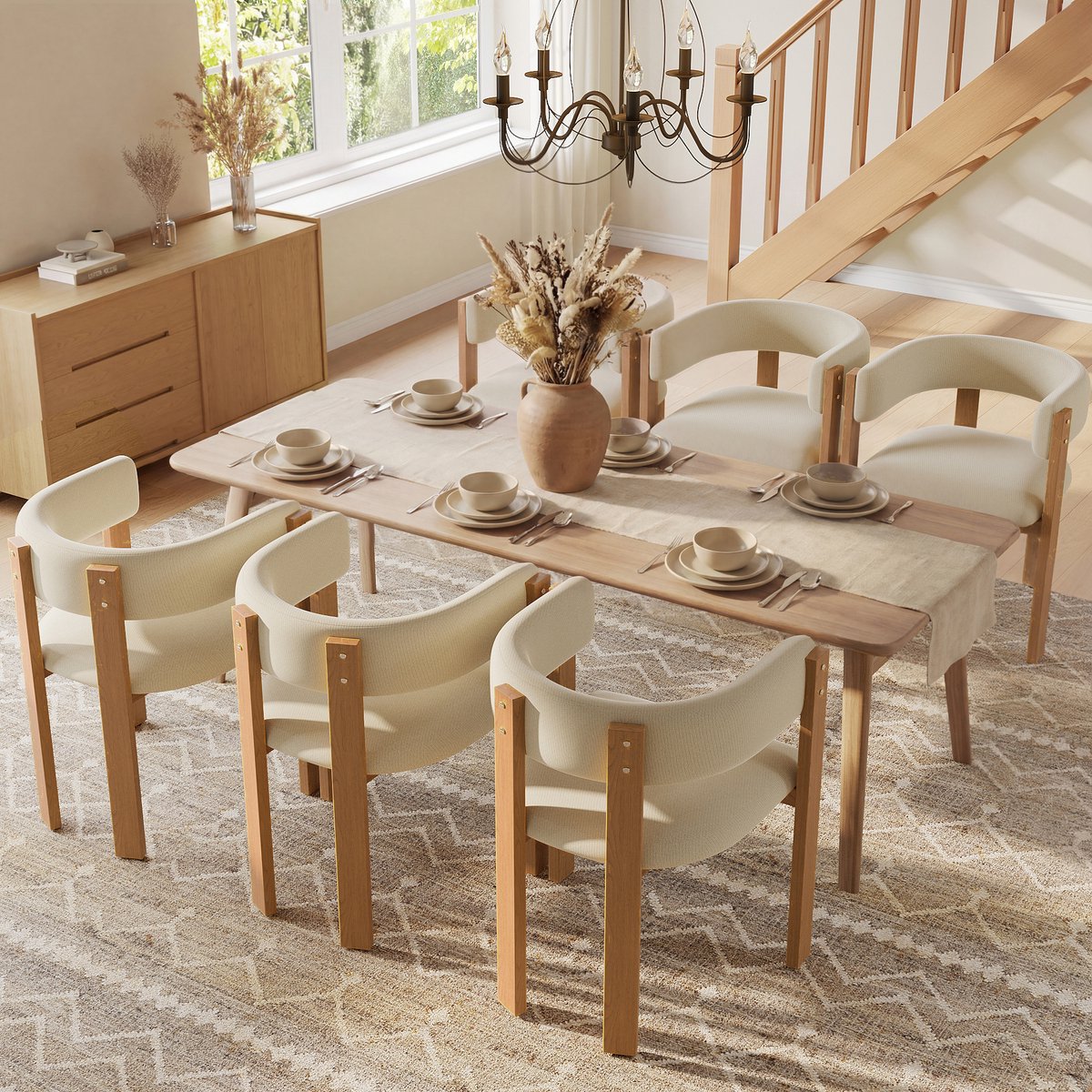 REDOM Eetkamerstoel Set Van 6 - Ergonomisch En Gestoffeerd - Modern - Metaal Met Houtlook - Beige/Naturel - 47 × 48 × 72,5 cm