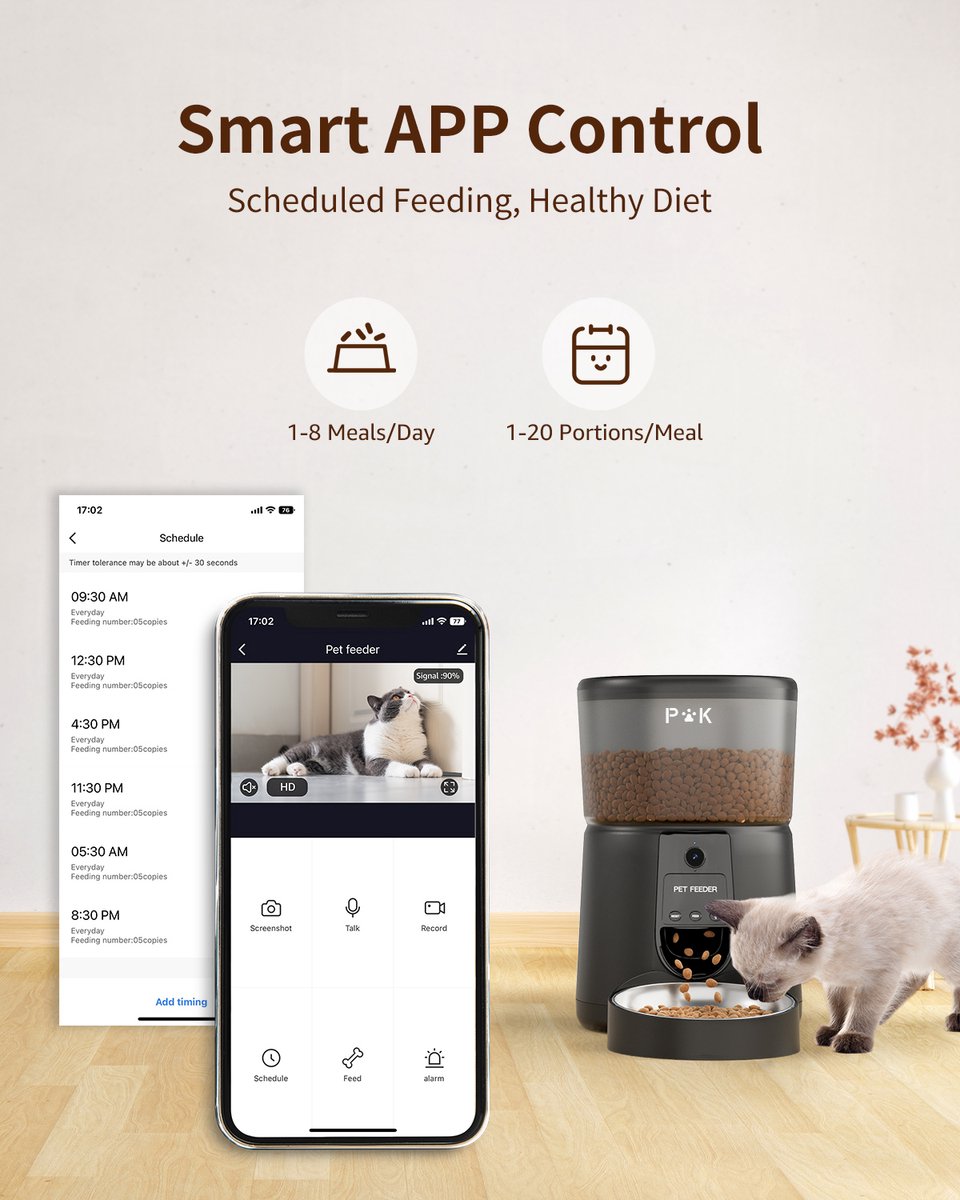 PUPPY KITTY Automatische Voerbak - Kat en Hond - Voerautomaat met Full HD 1080P Camera - Voice Recorder - 4L - Wifi met App - Night Vision - Voerdispenser - Inclusief 1 RVS Voerbakken - Zwart thumbnail 4