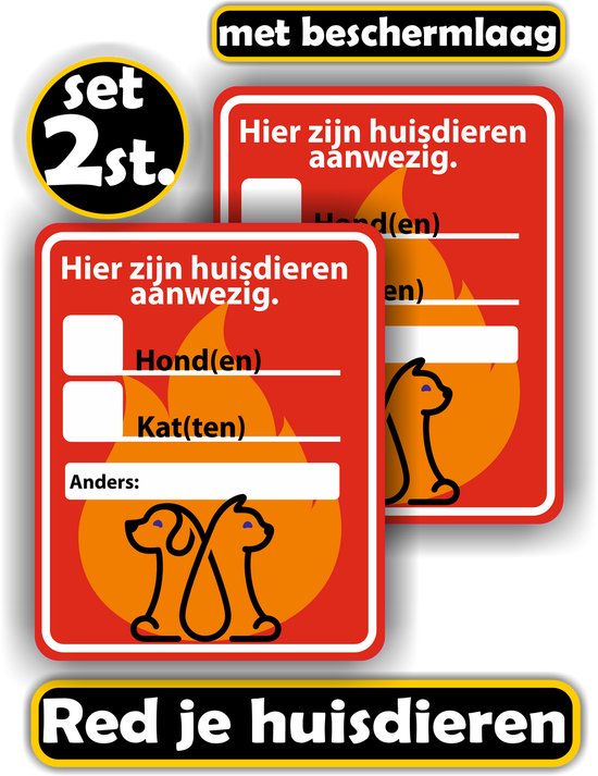Set van 2 stickers met rode achtergrond en vlammenprint. Tekst: Hier zijn huisdieren aanwezig. Hond(en), Kat(ten), Anders. Met 'set 2 st.' en 'met beschermlaag' iconen.