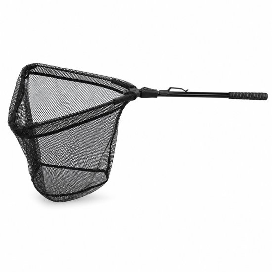 Zwart, opvouwbaar landingsnet met stevige steel, op een witte achtergrond.