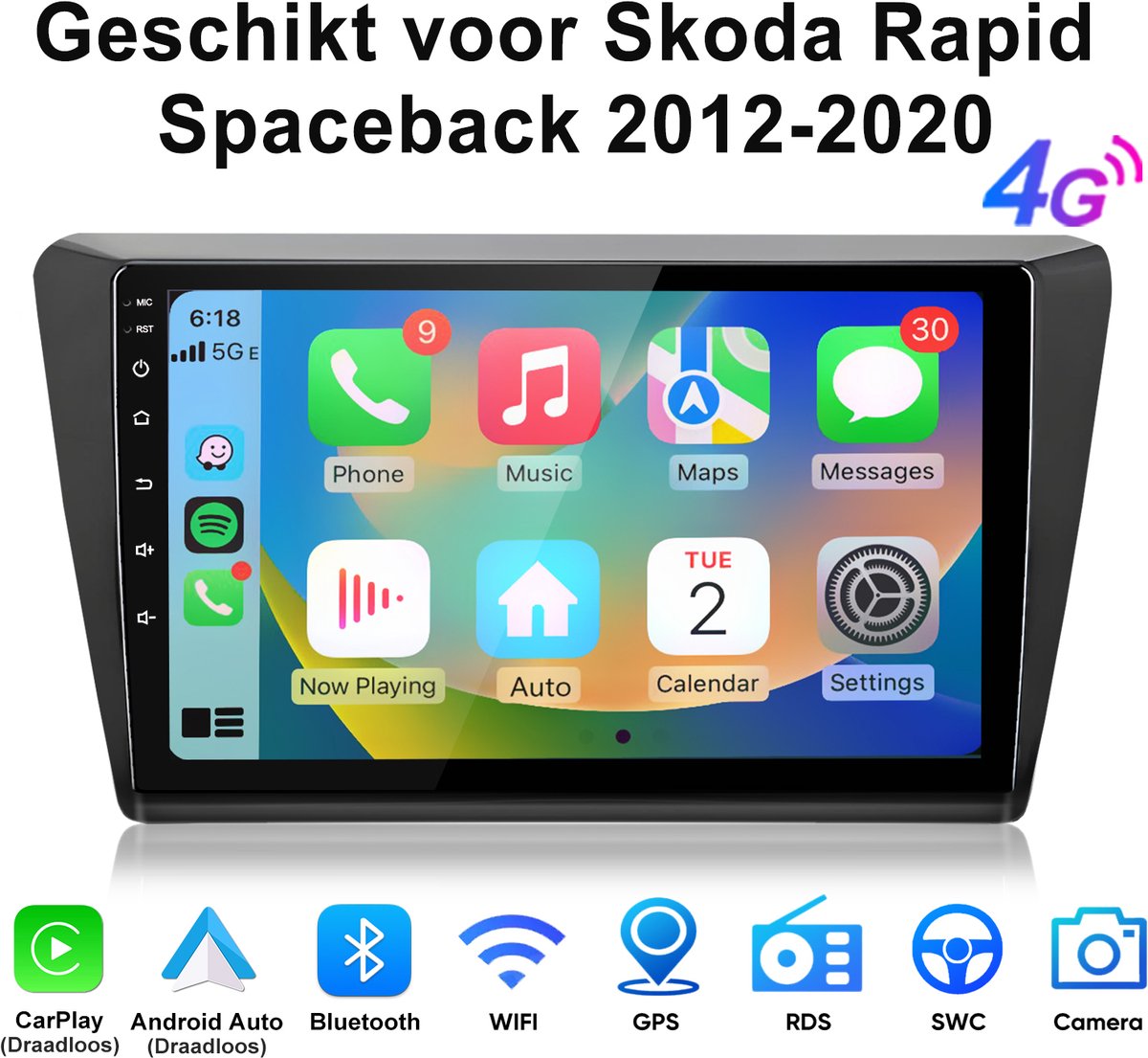JUNSUN Android 15 Autoradio Geschikt voor Skoda Rapid Spaceback 2012-2020, 6GB+128GB, Draadloze CarPlay & Andriod Auto, DAB+, GPS-navigatiesysteem, Bluetooth, USB, Stuurwielbediening, WiFi, RDS, FM, 9-inch Touchscreen, DSP, 4G, Octa-core processor