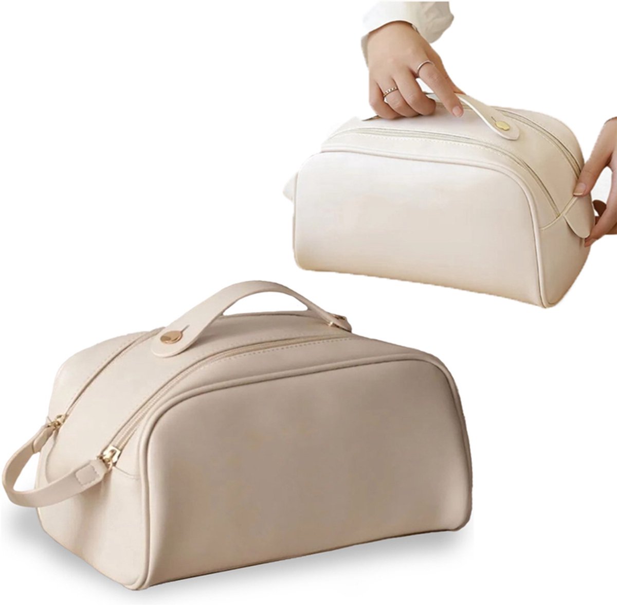 KZQ Toilettas dames stijlvol beige groot make up tasje dubbele rits 26x16x16 cm
