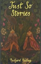 Boekcover van "Just So Stories" van Rudyard Kipling, met twee antropomorfe motten en een luipaard in een weelderige jungle.