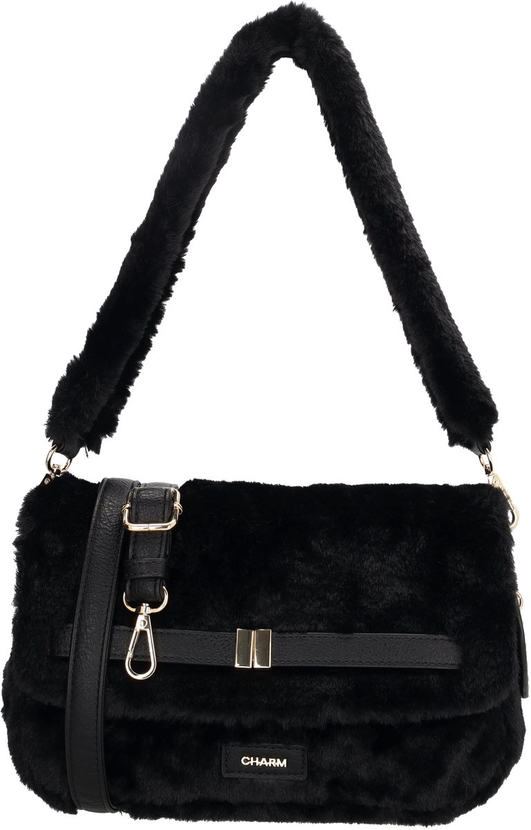 Charm London Stockholm Schoudertas - Fur - Bont Tas - Overslagtas - Verstelbare Schouderband - Bag Charm - Dames - Crossbody - Zwart