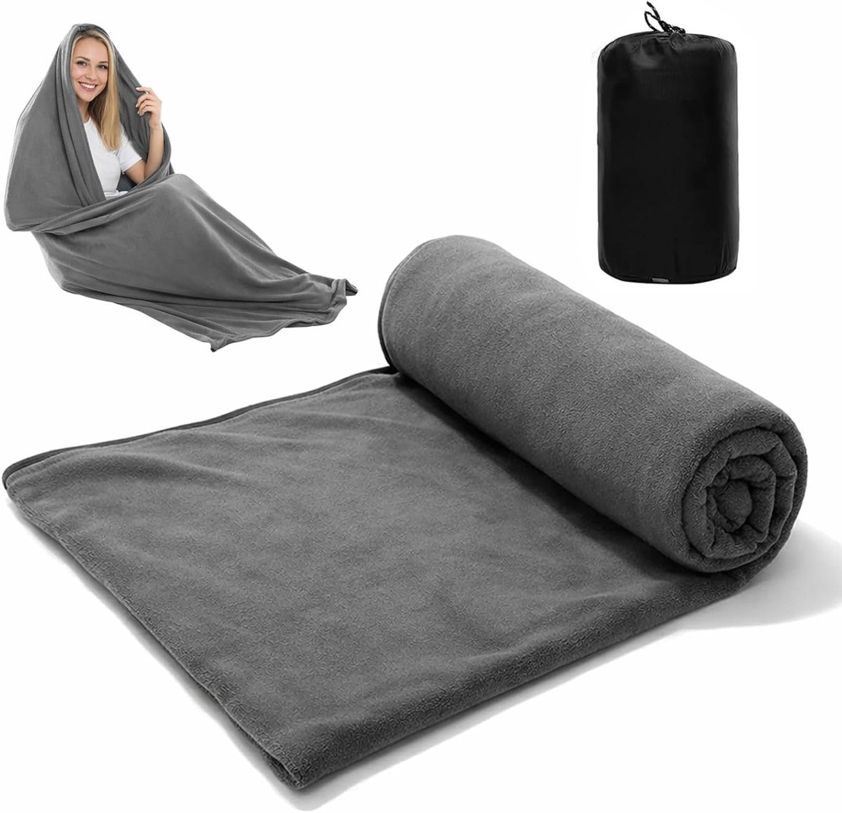 Lichte en warme fleece slaapzak 180 x 80 cm, ideaal voor kamperen, reizen en thuisgebruik, met opbergzak en wasbaar ontwerp