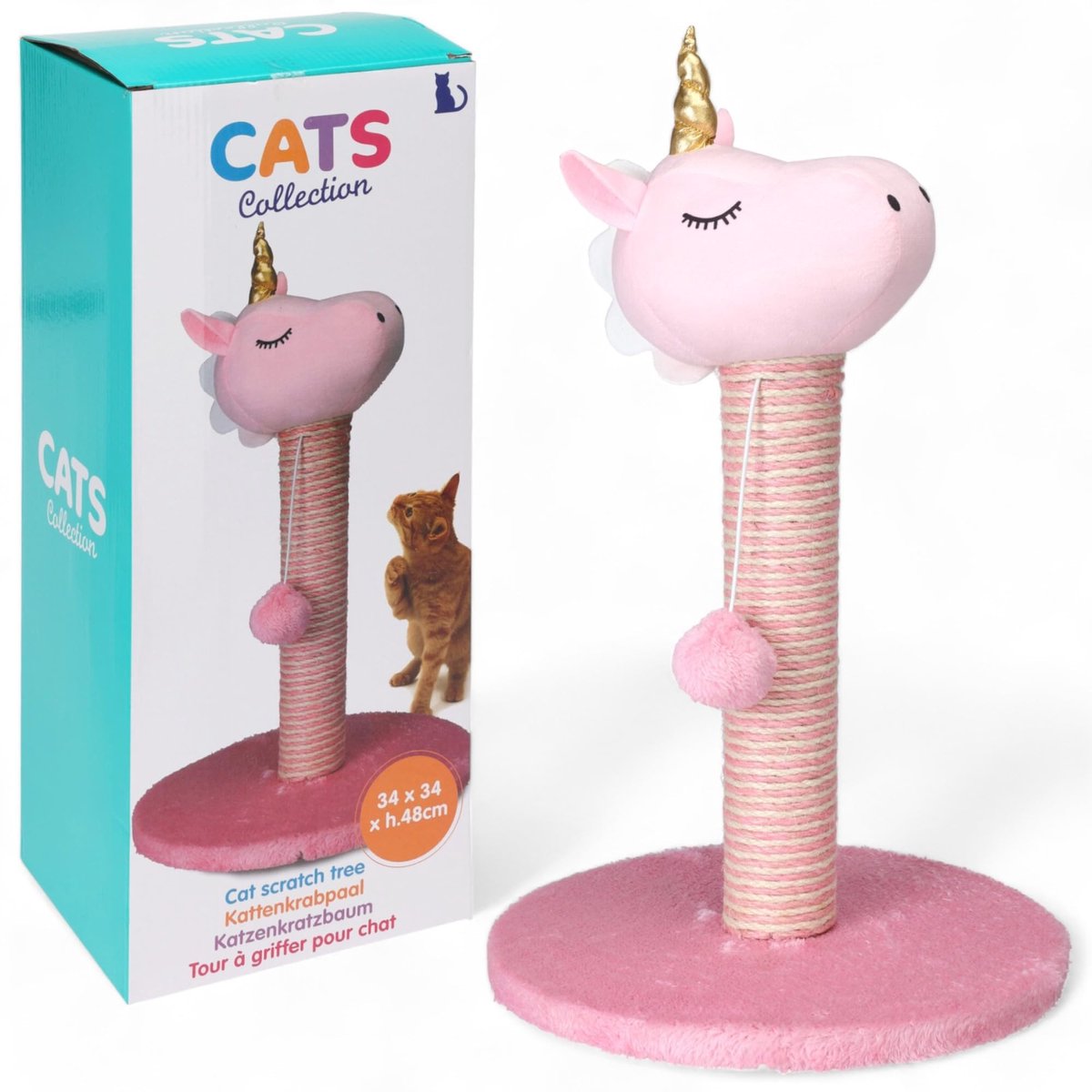 Dailygoods- Kattenkrabpaal 48 cm hoog - Dino/groen - Eenhoorn/roze - Duurzaam sisal - Pluche bal - Ondersteunt speelplezier - Krabpaal