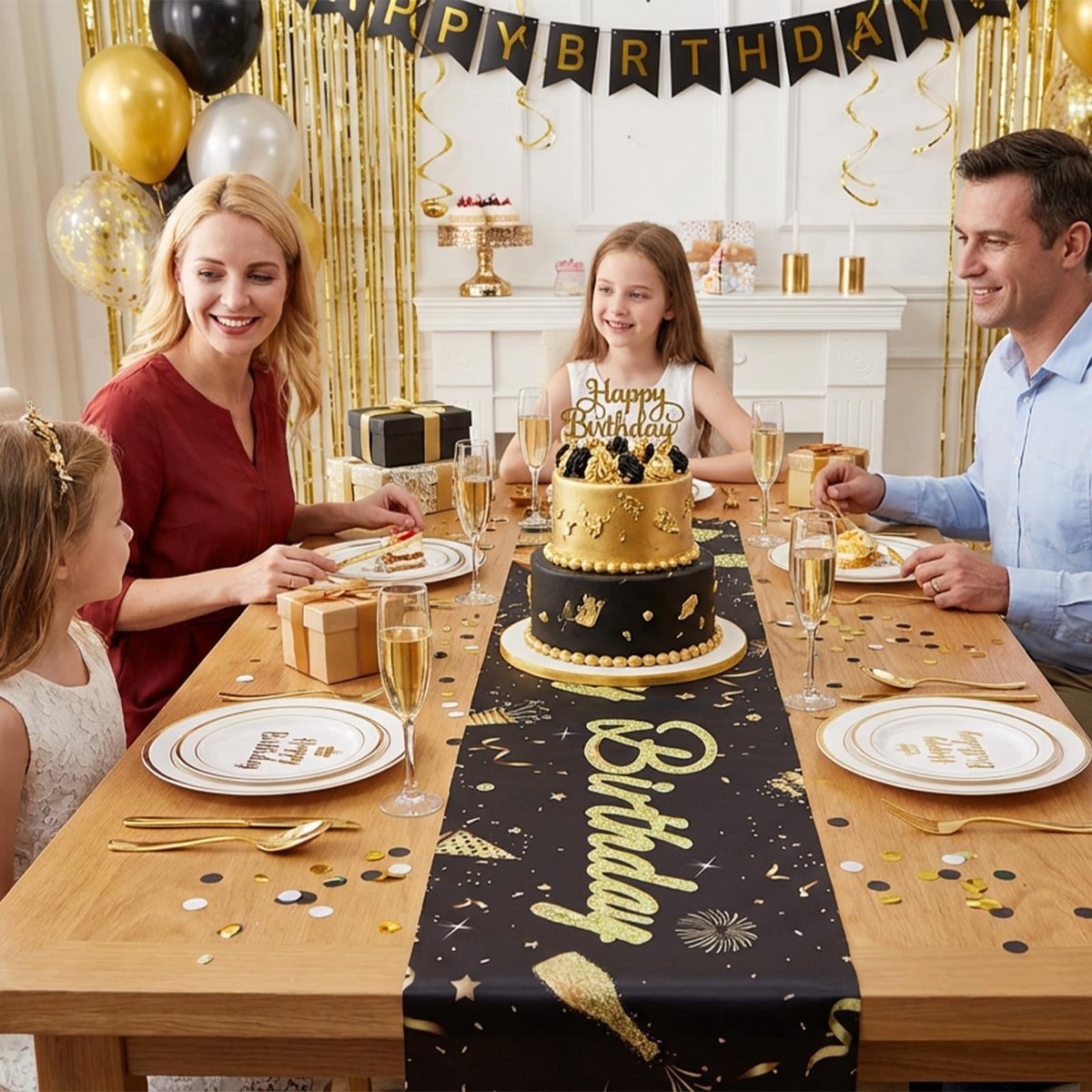 LAUZY- Tafelloper Happy Birthday - 182 x 33,5 cm - Zwart - Polyester - Duurzaam - Eettafeldecoratie binnen/buiten - Tafelkleed