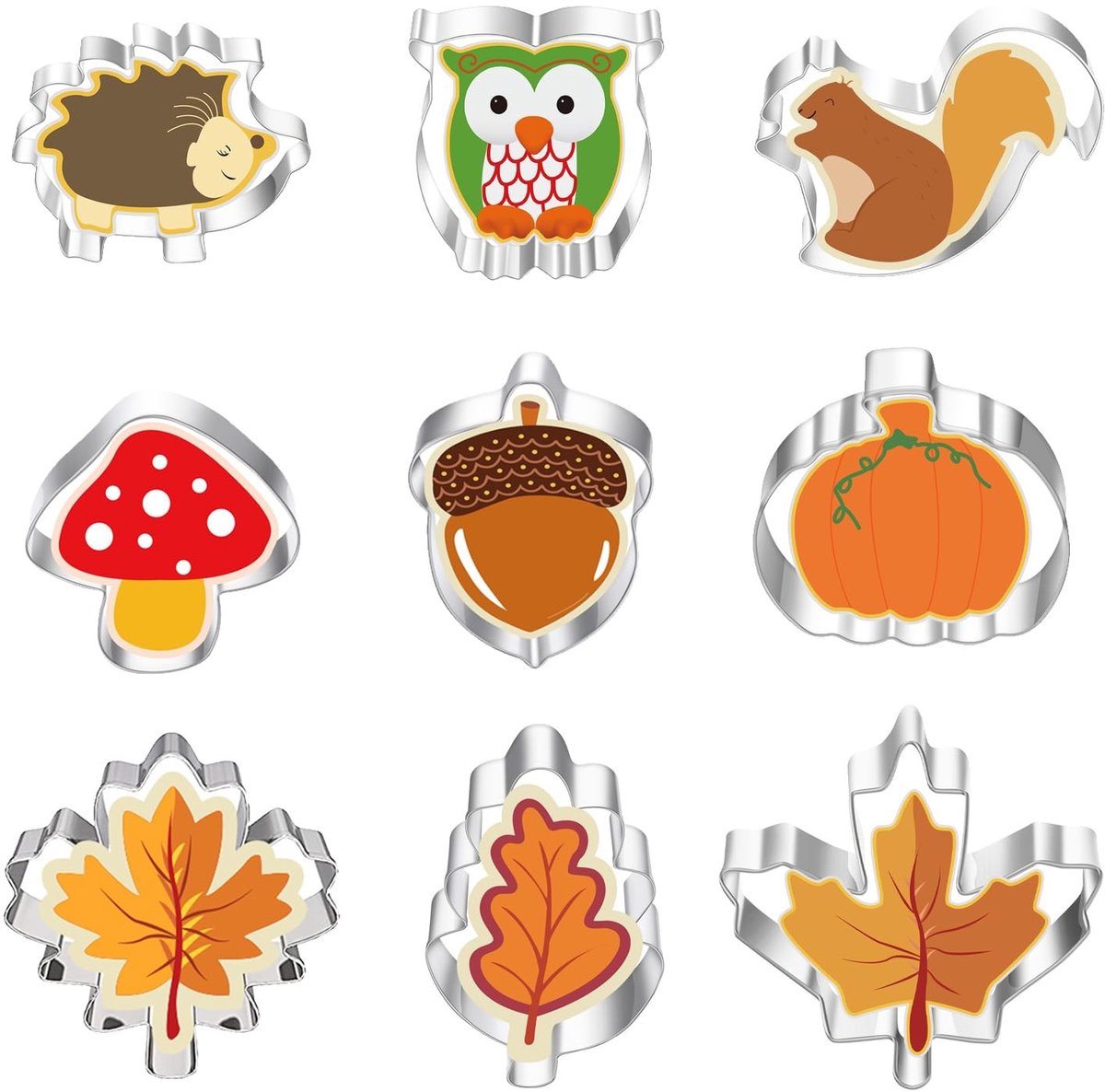 LAUZY- Uitsteekvormpjes 9 Stuks - Koekjes Uitsteekvormpjes - Herfstvormen - Roestvrij Staal - Eenvoudig te Reinigen - Perfect voor Feestdagen - Koekjesuitsteekvormpjes