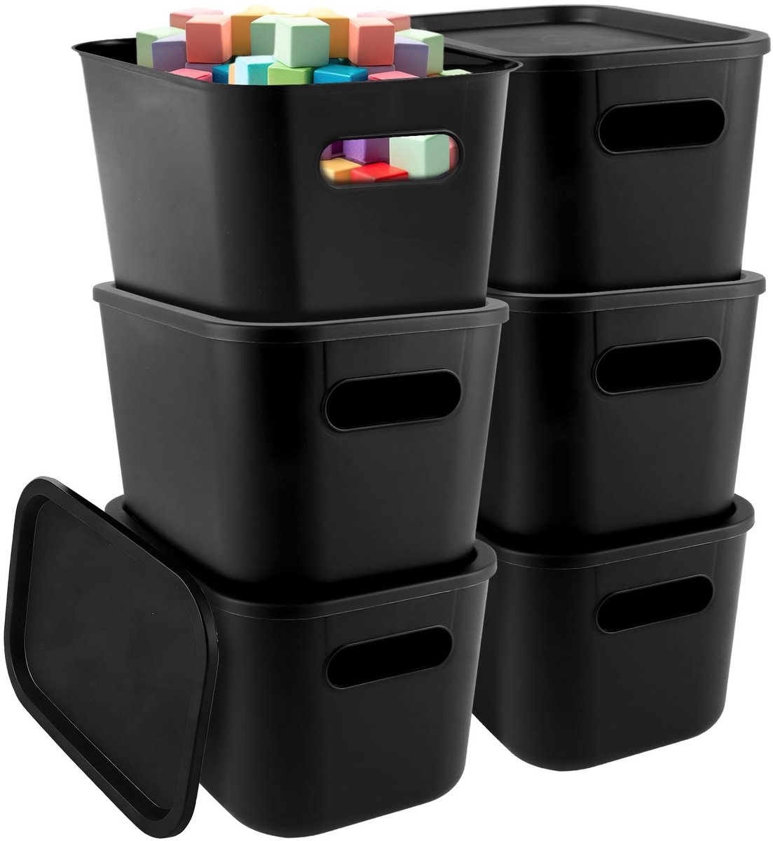 LAUZY - 4 Stuks Kunststof Opbergmanden met Deksel - Stapelbare Opbergdozen voor Huis en Kantoor