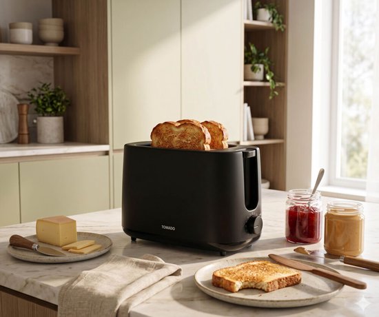 Zwarte Tomado broodrooster met twee lange sleuven, met twee sneetjes toast, jam en pindakaas ernaast.
