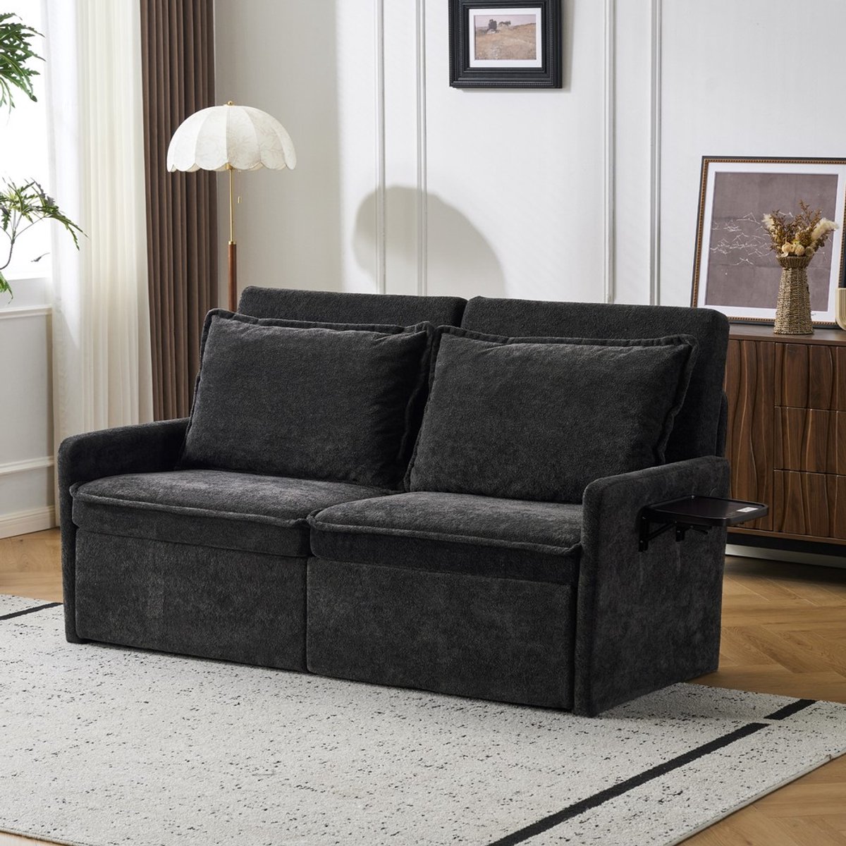 KOMHTOM Slaapbank met kussens - USB - Chenille Zwart - 3-in-1 Bank met Slaapfunctie - Verstelbare Rugleuning in 5 Standen - Opklapbaar met Opbergruimte