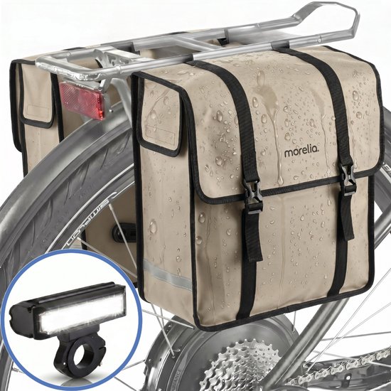 Morelia® Fietstas - Incl Voorlamp 900 Lumen - Fietstassen - Fietstassen Electrische Fietsen - Fietstassen Dubbel - 48 Liter - 100% Waterdicht - Tarpaulin materiaal - Beige