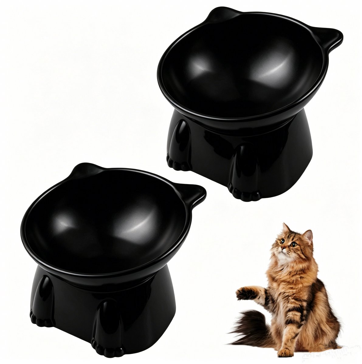 Kraftverdia® Voerbak Kat Keramiek Set van 2 – Verhoogde en Schuine Kattenbakjes – Voer- en Waterbak voor Katten – Eetkom Kat – Makkelijk te Reinigen
