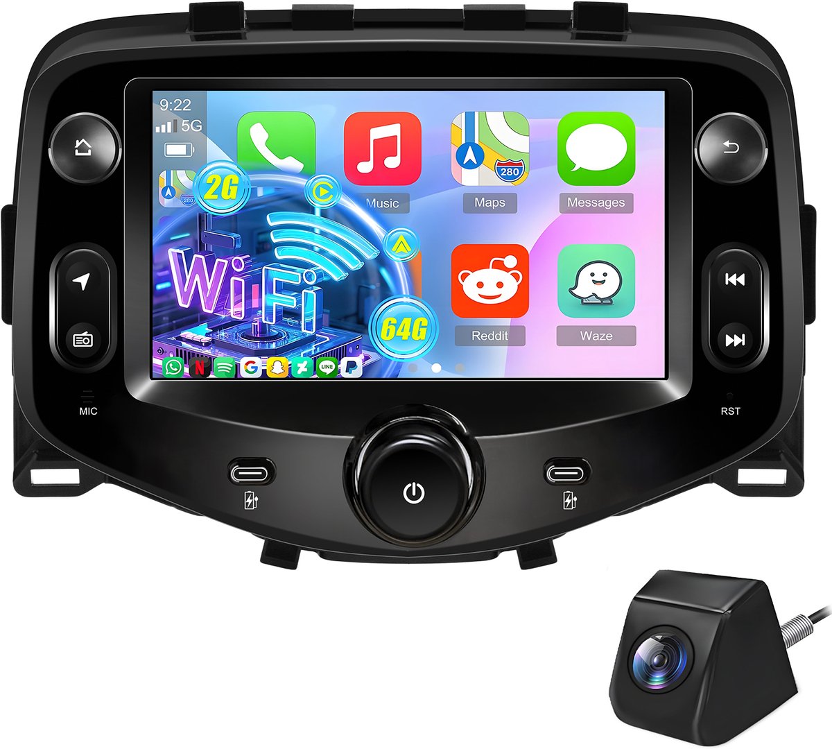 Hexinex Autoradio - Geschikt Voor Toyota Aygo / Citroen C1 / Peugeot 108 - 2+64GB CARPLAY ANDROID AUTO RDS FM - Achteruitrijcamera