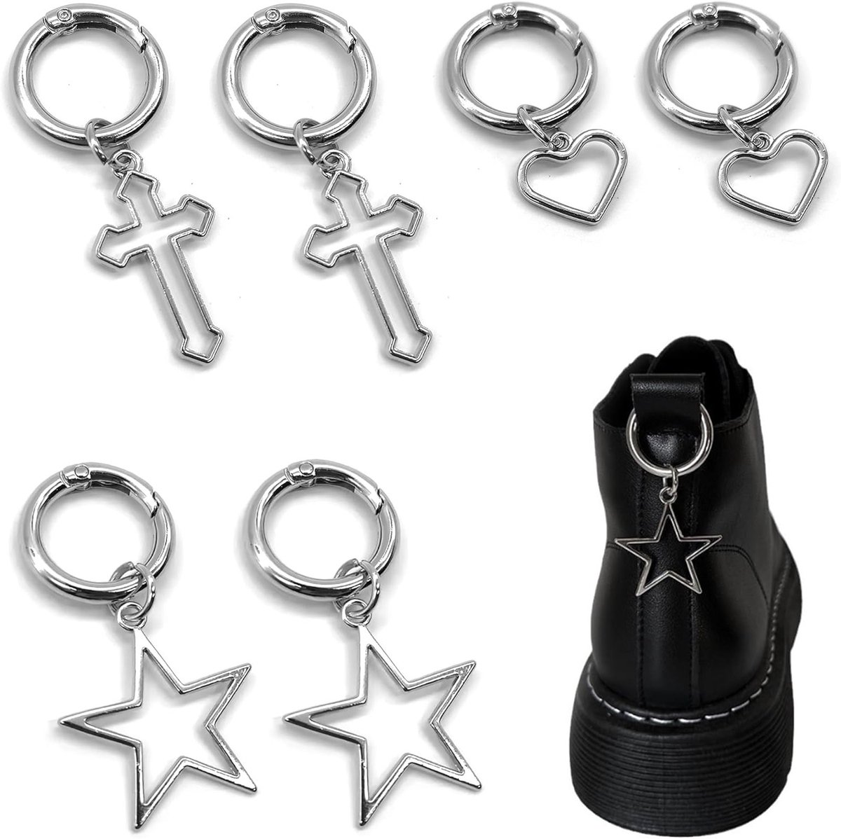6-delige set schoenhangers voor sieraden, punk stijl schoenen decoratie met sterren en harten, ideaal voor DIY sleutelhangers en tassen, één maat, van duurzaam legering staal
