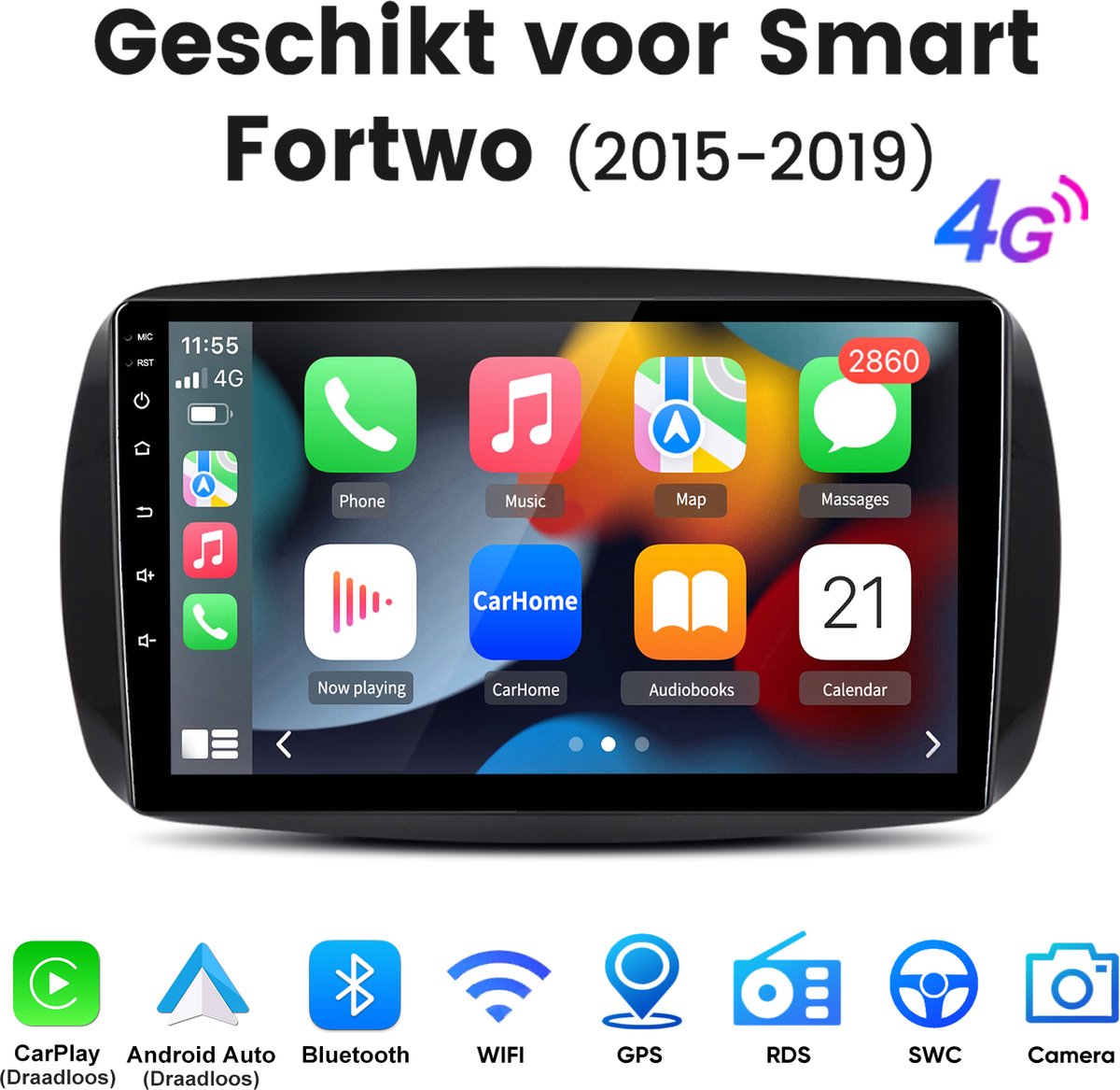 Junsun Android 15 Autoradio Geschikt voor Mercedes Benz Smart Forfour/Fortwo 453 (2014-2024) , 6GB+128GB, Draadloze CarPlay & Andriod Auto, DAB+, GPS-Navigatie, WIFI, Bluetooth, RDS, FM, SWC, 9-inch HD Touchscreen, DSP, Octa-core processor