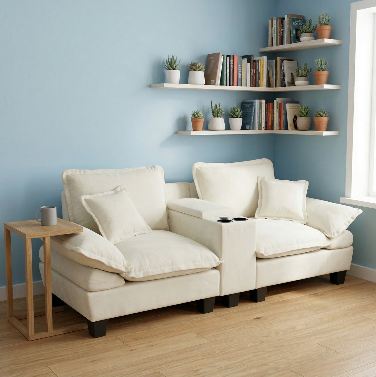 OKWISH Hoekbank 224 x 82 x 90 cm - Met Opbergruimte, Usb En Hocker - Voor Woonkamer Of Appartement - Chenille - Beige
