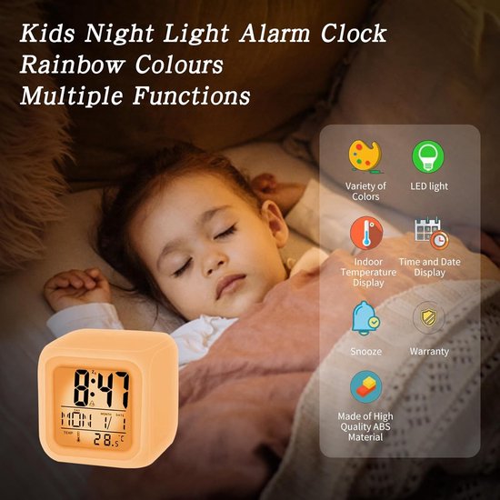 Digitale Wekker - Nachtlamp Wekker - Kinderkamer Decoratie - 7 Kleuren Nachtlicht - Batterij Aangedreven - Wit — afbeelding 5