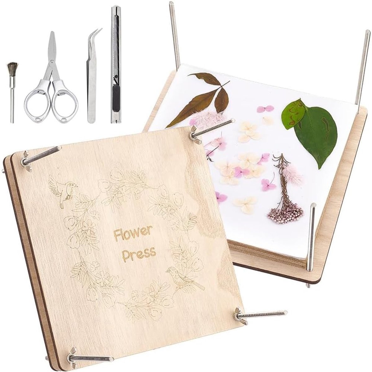 Dailygoods- Bloemenpersset 24,6 x 24,6 cm - Complete set - 8-laagse bloemenpers - Houten persplaten - Vloeipapier - Lichtgewicht en eenvoudig te gebruiken