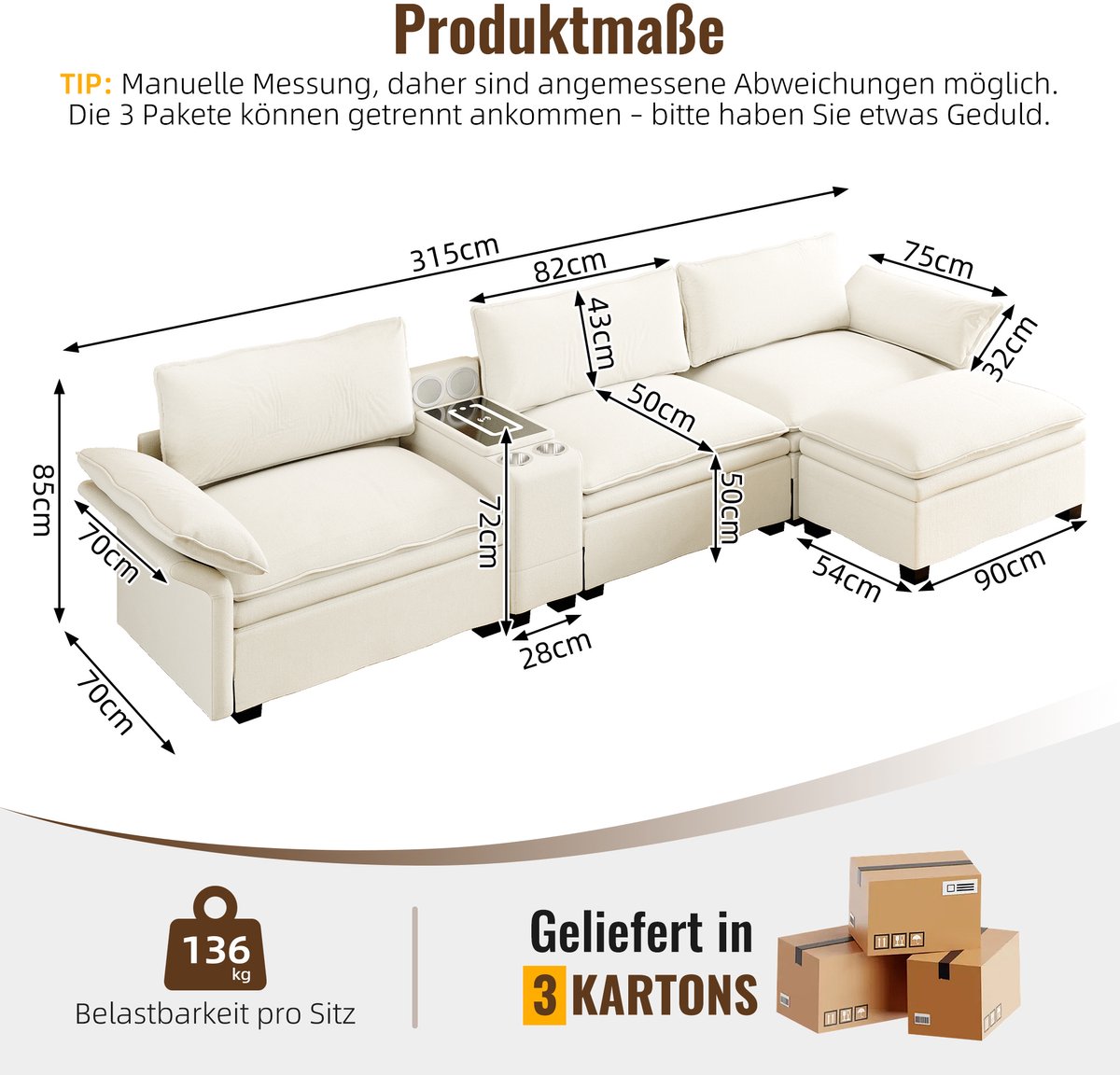OKWISH Hoekbank 315 Cm - Modulair Met Opberging, Verlichting En Draadloos Laden - Woonkame