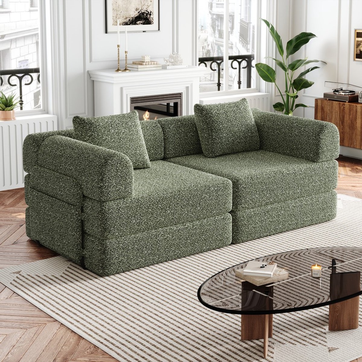 KOMHTOM - 2-in-1 slaapbank - Gepatenteerd ontwerp - Chenille stof - Opbergruimte in de armleuning - Drie metalen frames - Meerdere configuratiemogelijkheden