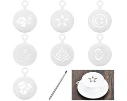 Dailygoods- Koffie-accessoires 7-delig - Roestvrij Stalen Stencils - Latte Art Sjablonen - Koffiedecoratie - Duurzaam - Inclusief Pen - Koffiesjablonen